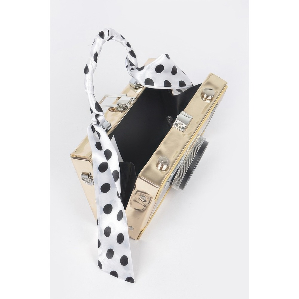 Gold Camera Novelty Box Clutch Crossbody Bag with Polka Dot Scarf Handle - Picture 4 of 5
